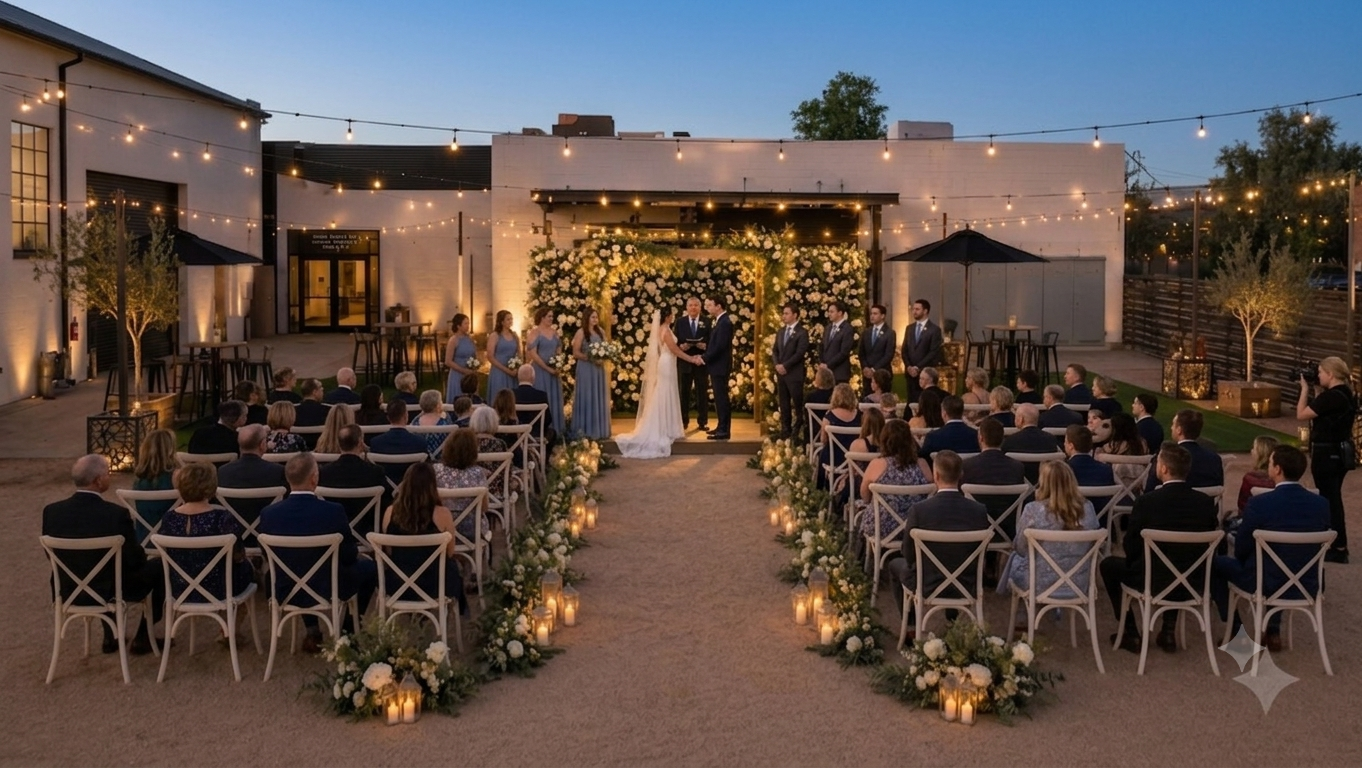 Twilight wedding ceremony under string lights at JF Brown Hall