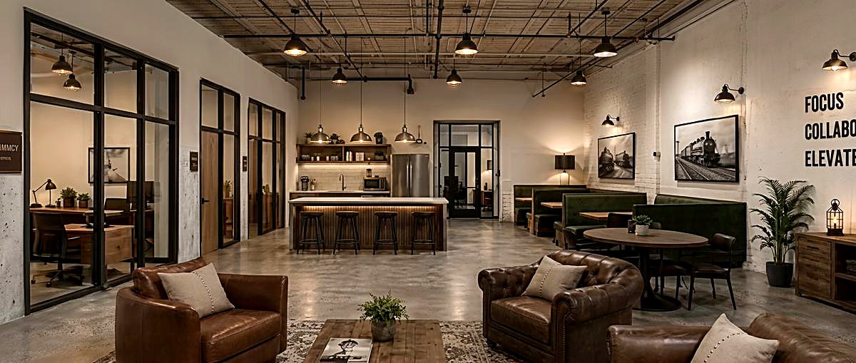 Suite 5 coworking lounge, kitchen and private offices at Terminal 318