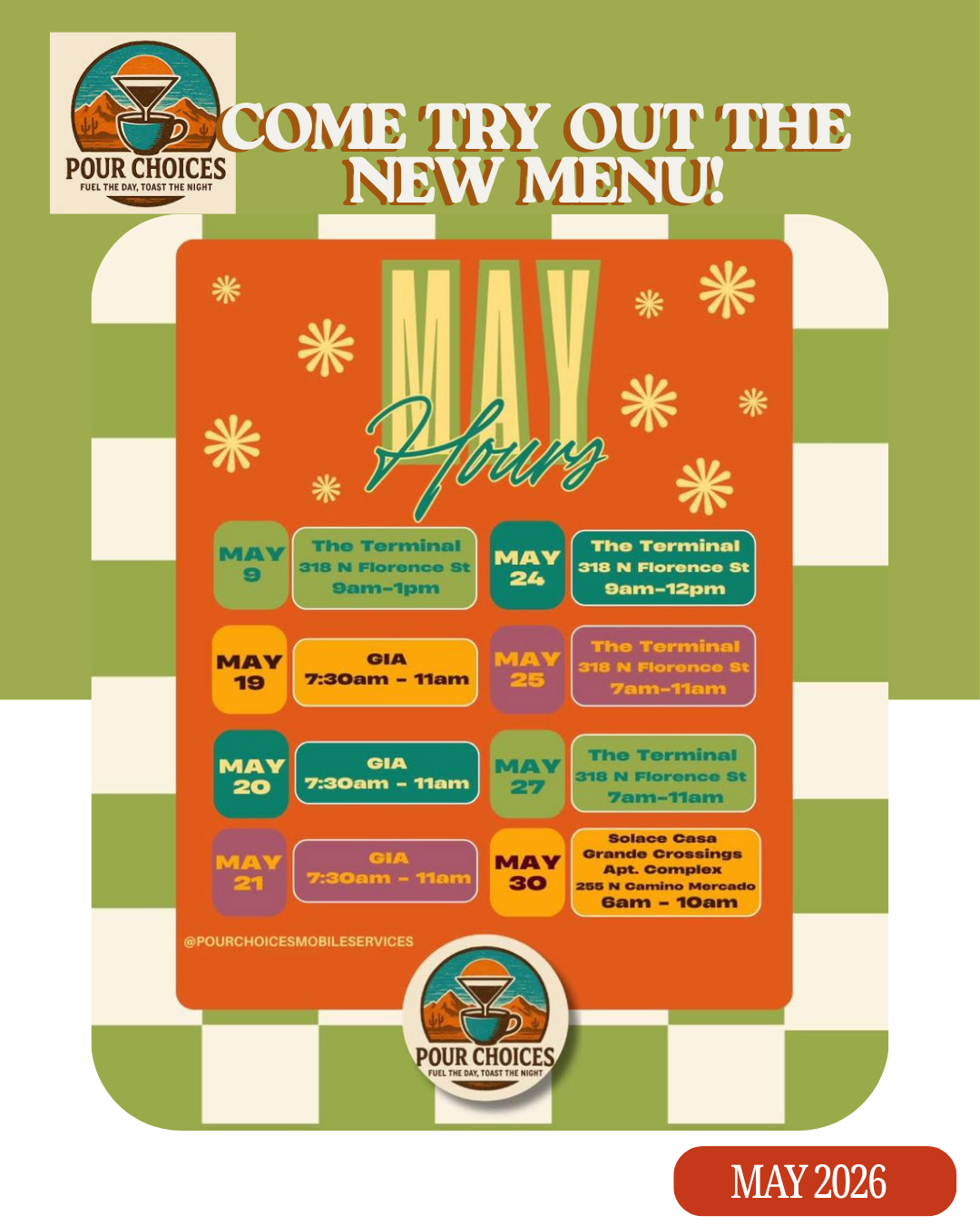 Pour Choices Mobile — May Schedule & New Menu